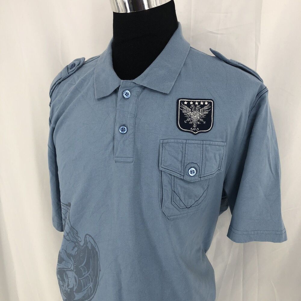 VINTAGE Ecko Unltd Shirt Mens 2XL Blue Polo Grunge Y2K Streetwear Epaulet VTG